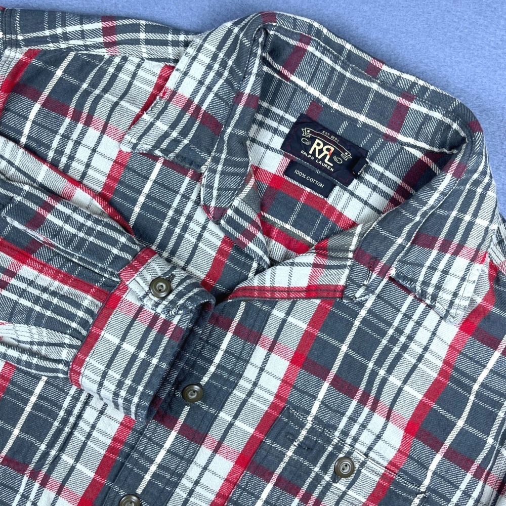 RRL Ralph Lauren Mens Plaid Flannel Work Shirt Grey Red White Cotton Size M